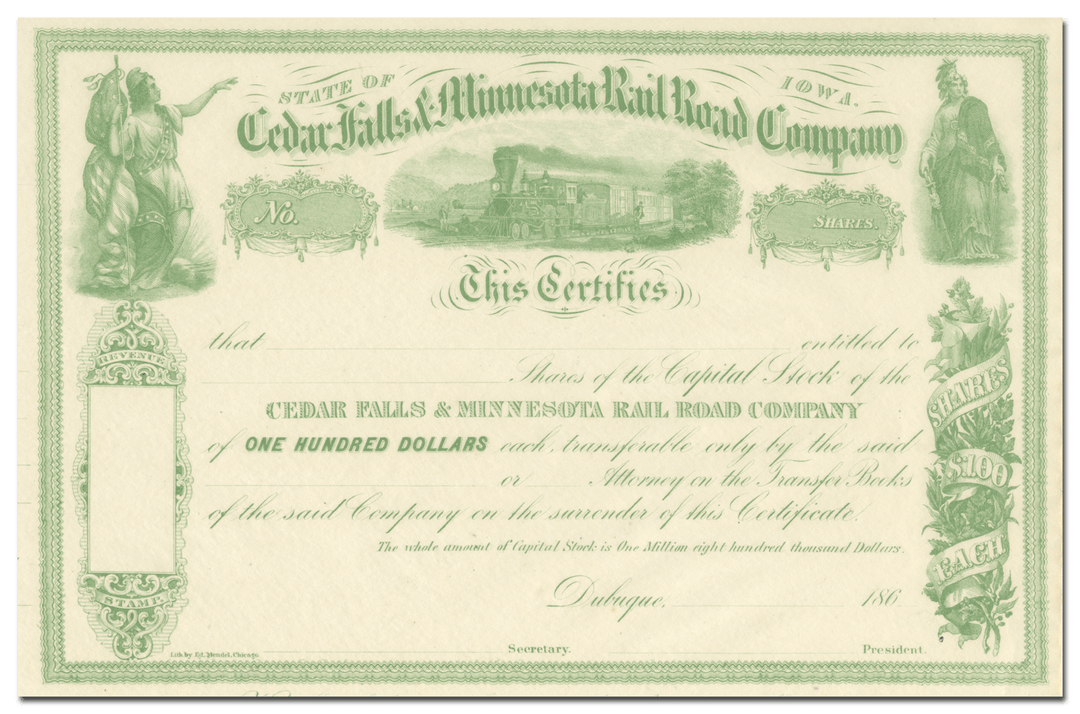Cedar Falls and Minnesota Rail Road Company Stock Certificate