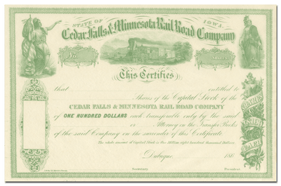 Cedar Falls and Minnesota Rail Road Company Stock Certificate