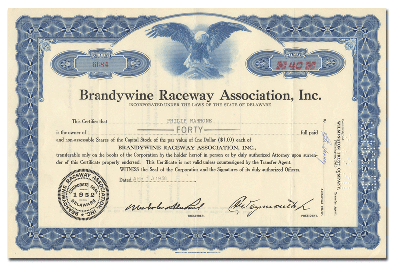 Brandywine Raceway Association, Inc. Stock Certificate