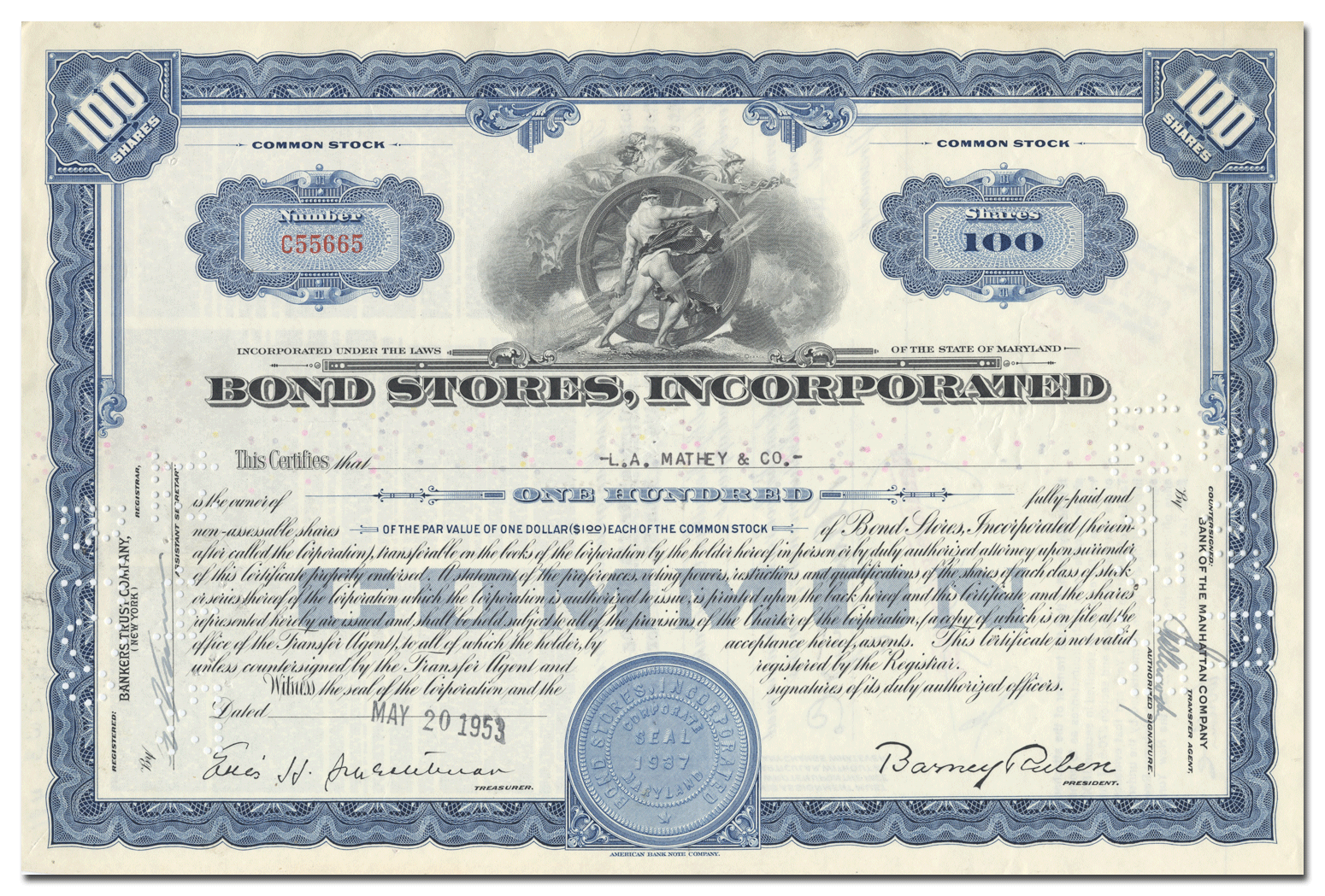 Tiffany & Company, 1975 Specimen Stock Certificate. - Archives