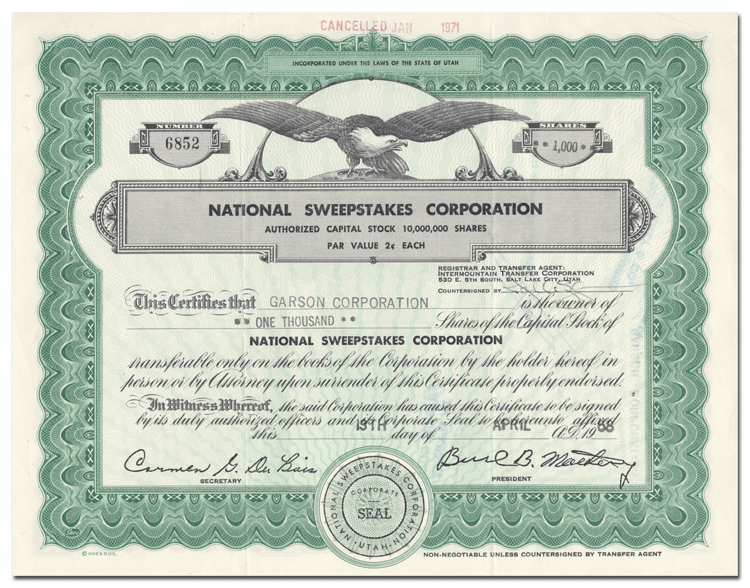 National Sweepstakes Corporation Stock Certificate