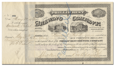 Phillip Best Brewing Company Stock Certificate Signed by Frederick Pabst