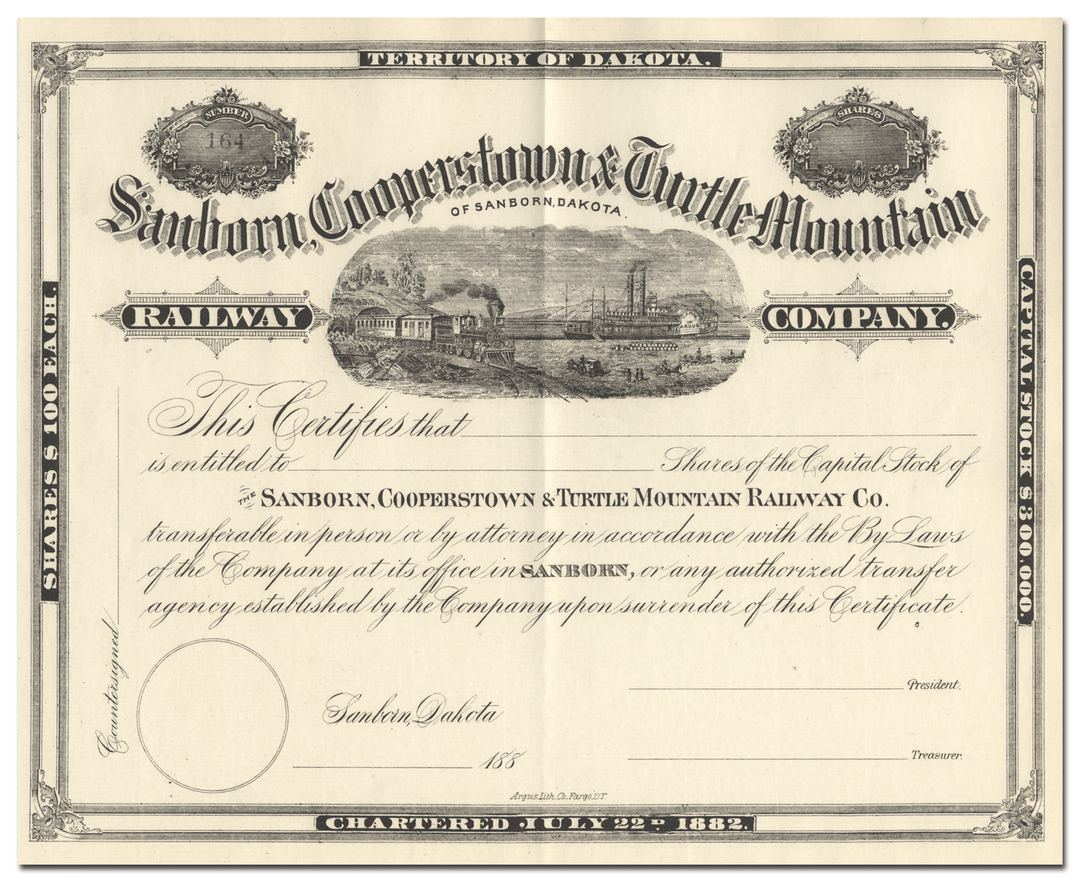 Sanborn, Cooperstown & Turtle Mountain Railway Company Stock Certificate
