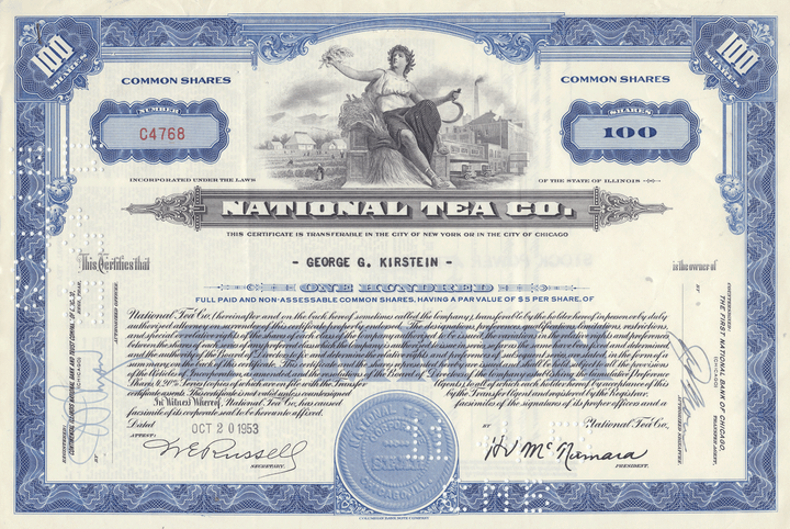 National Tea Co. Stock Certificate