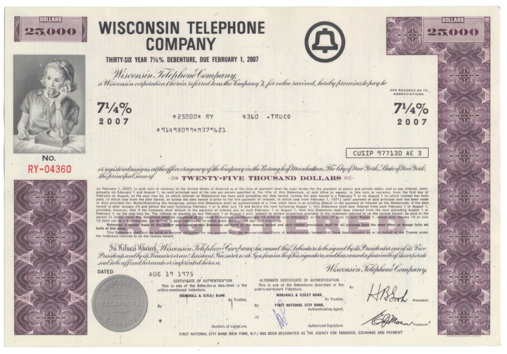 Wisconsin Telephone Company Bond Certificate