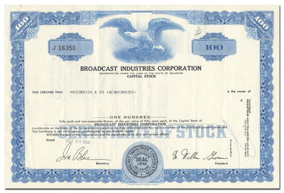 Broadcast Industries Corporation Stock Certificate