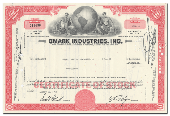 Omark Industries, Inc. Stock Certificate