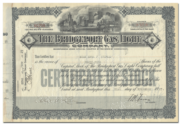 Bridgeport Gas Light Company Stock Certificate