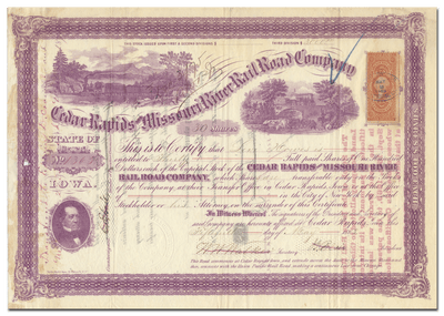 Cedar Rapids and Missouri River Rail Road Company Stock Certificate Signed by John Insley Blair