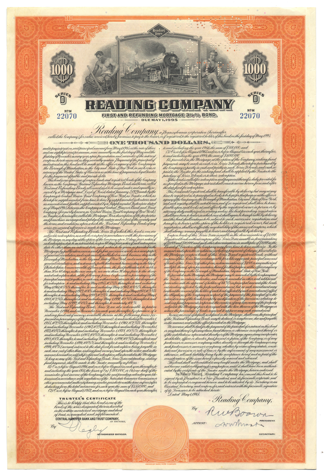 Reading Company Bond Certificate