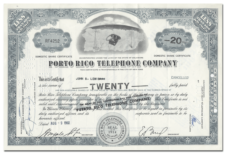 Porto Rico Telephone Company Stock Certificate