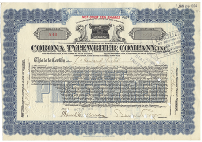 Corona Typewriter Company, Inc. Stock Certificate