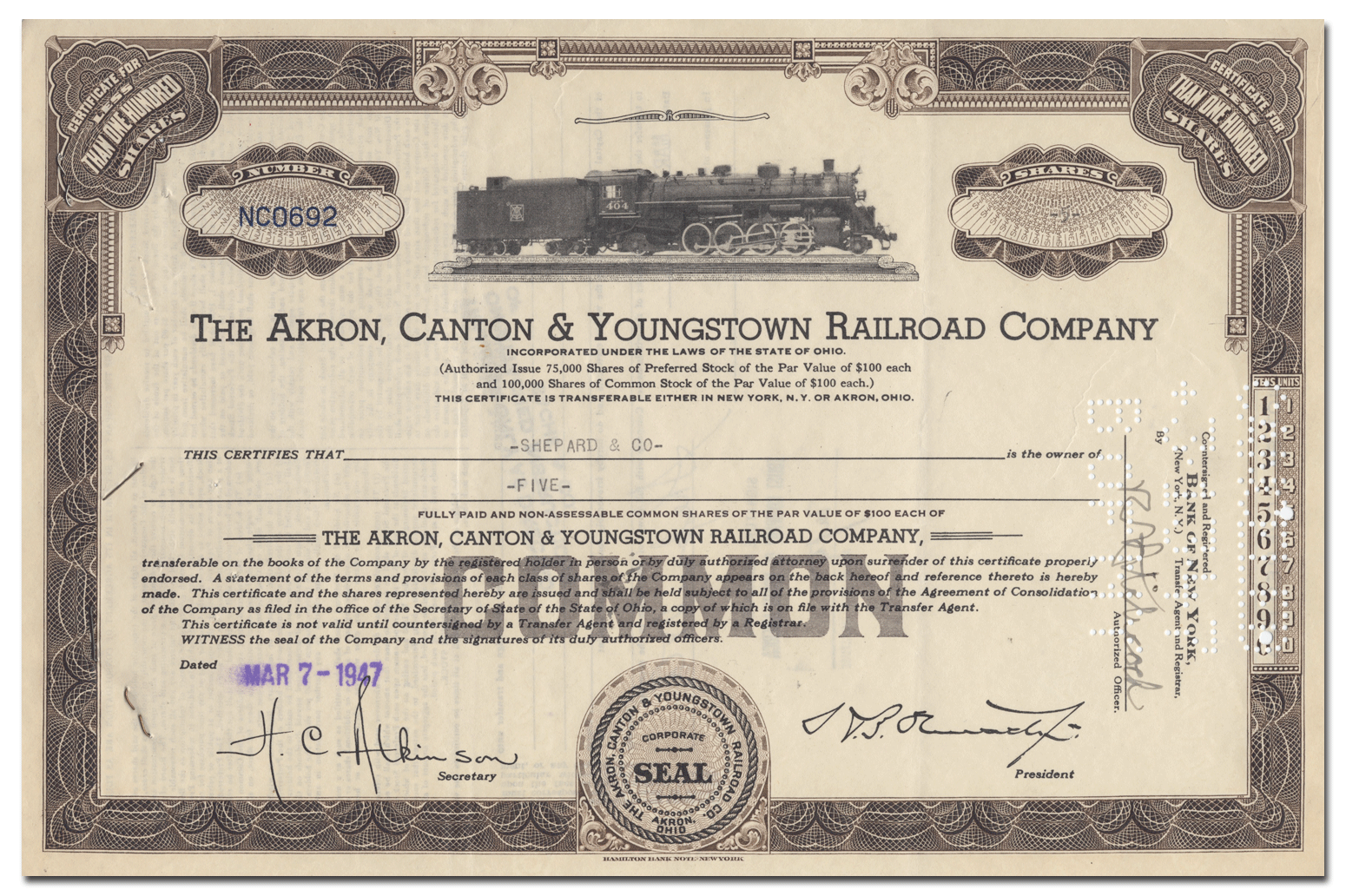 Akron, Canton & Youngstown Railroad Company Stock Certificate