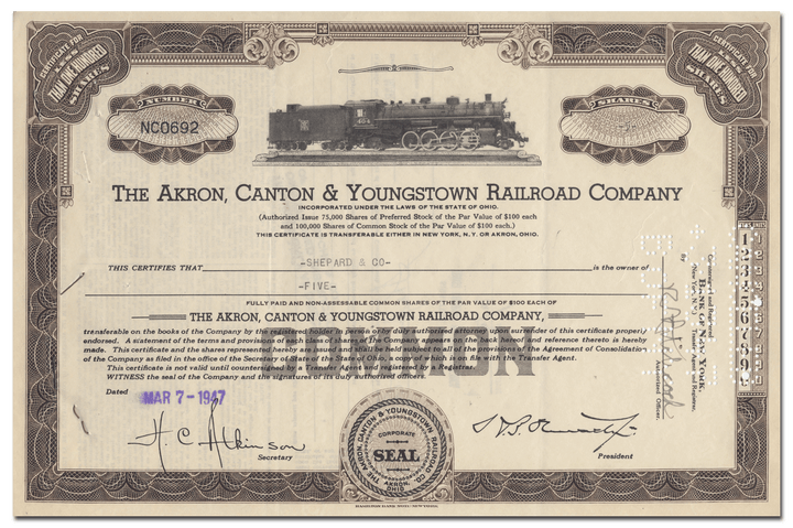 Akron, Canton & Youngstown Railroad Company Stock Certificate