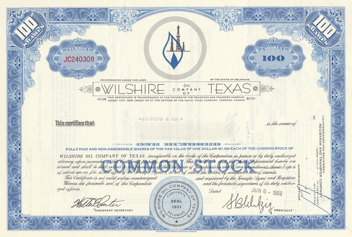 Wilshire Oil Company of Texas Stock Certificate