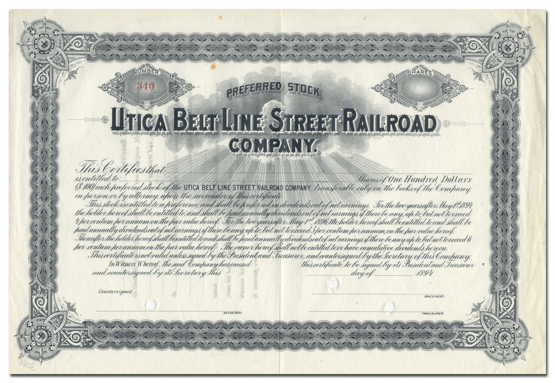Utica Belt Line Railroad Company Stock Certificate