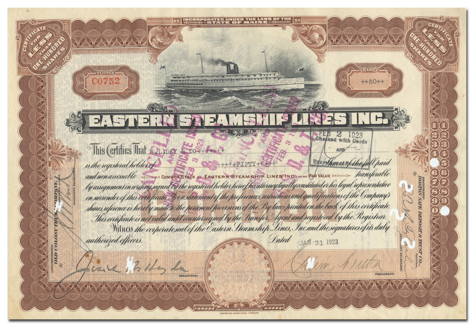 Eastern Steamship Lines Stock Certificate Ghosts of Wall Street