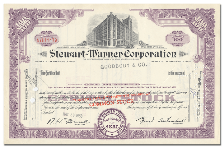 Stewart-Warner Corporation Stock Certificate