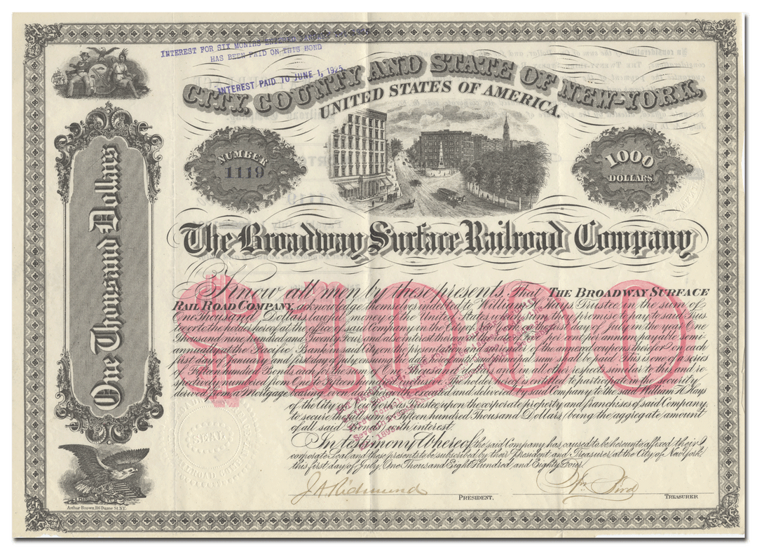 Broadway Surface Railroad Company Bond Certificate