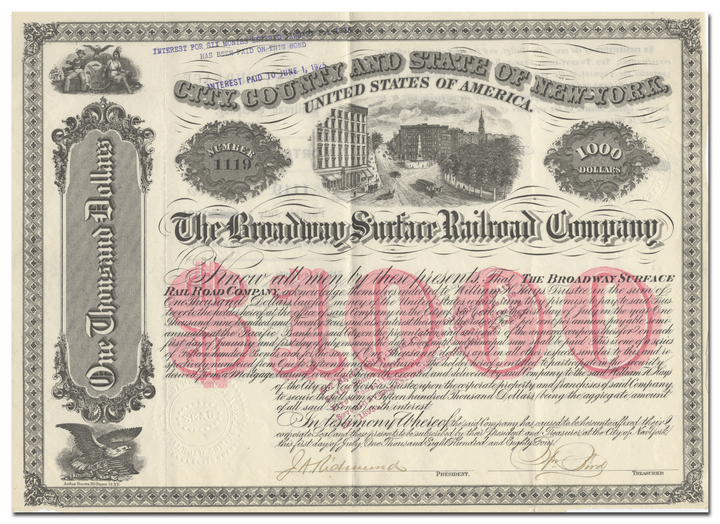 Broadway Surface Railroad Company Bond Certificate
