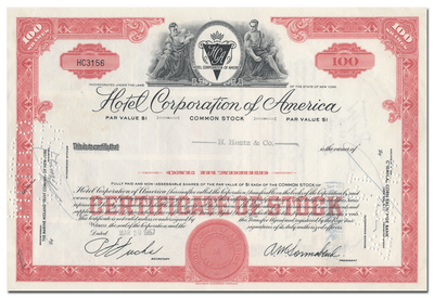 Hotel Corporation of America Stock Certificate