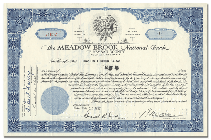 Meadow Brook National Bank of Nassau County Stock Certificate