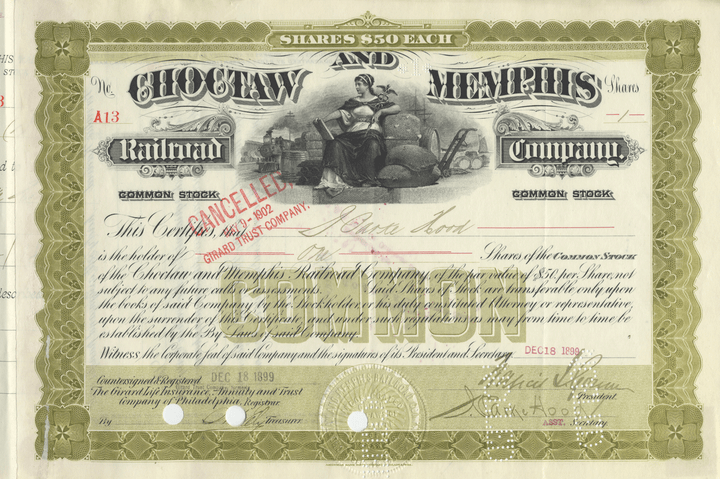 Choctaw and Memphis Railroad Company Stock Certificate