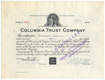 Columbia Trust Company Stock Certificate