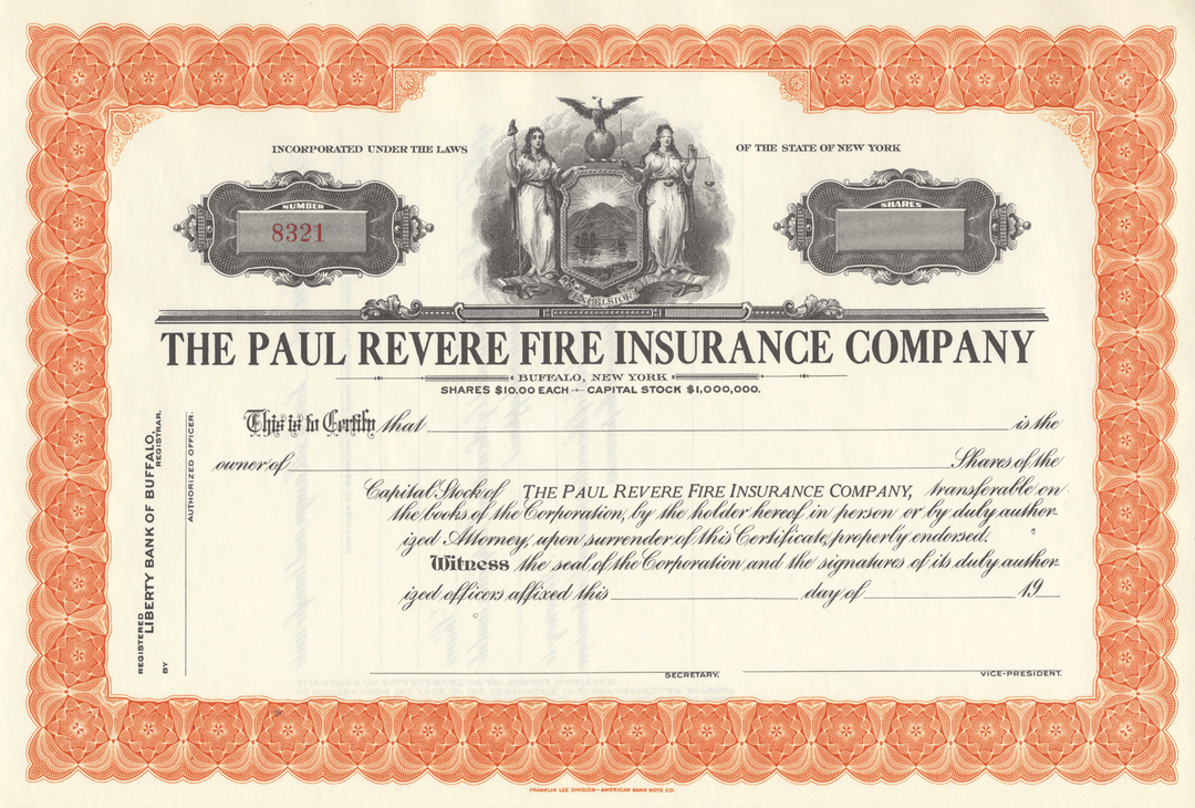 Paul Revere Fire Insurance Company Stock Certificate