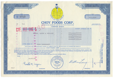 Choy Foods Corp. Stock Certificate