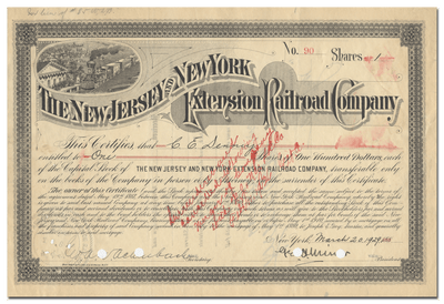 New Jersey and New York Extension Railroad Company Stock Certificate