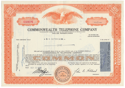 Commonwealth Telephone Company Stock Certificate