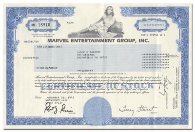 Marvel Entertainment Group, Inc. Stock Certificate