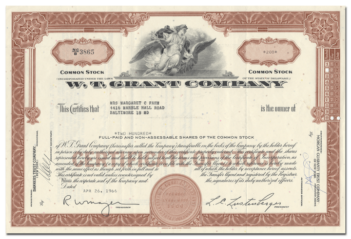 W. T. Grant Company Stock Certificate