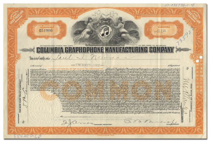 Columbia Graphophone Manufacturing Company Stock Certificate