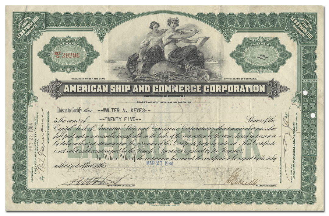 American Ship and Commerce Corporation Stock Certificate