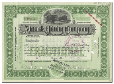 Ahmeek Mining Company of Michigan Stock Certificate