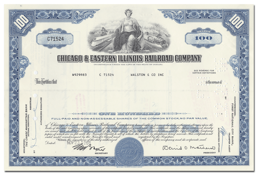 Chicago and Eastern Illinois Railroad Company Stock Certificate