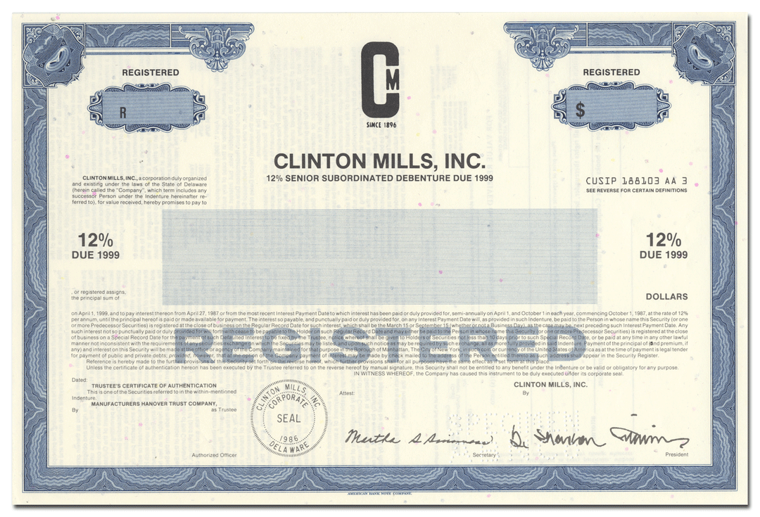 Clinton Mills, Inc. Stock Certificate