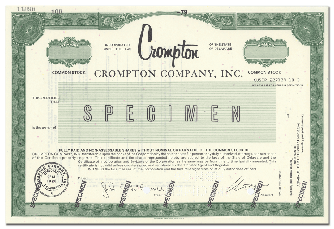 Crompton Company, Inc. Specimen Stock Certificate