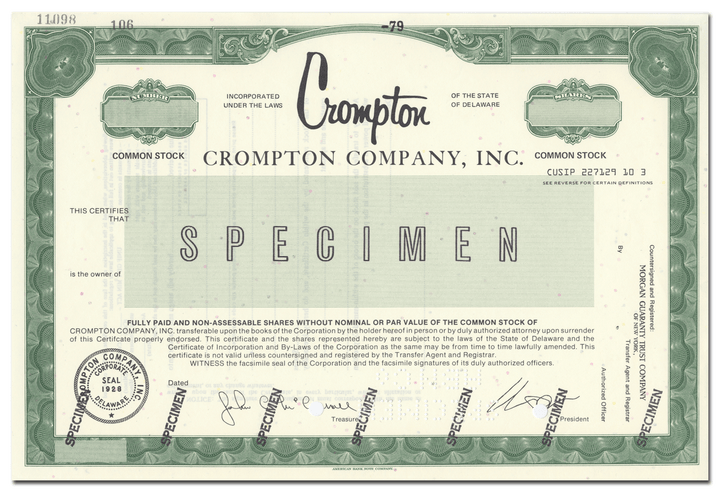 Crompton Company, Inc. Specimen Stock Certificate