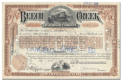 Beech Creek Railroad Company Stock Certificate