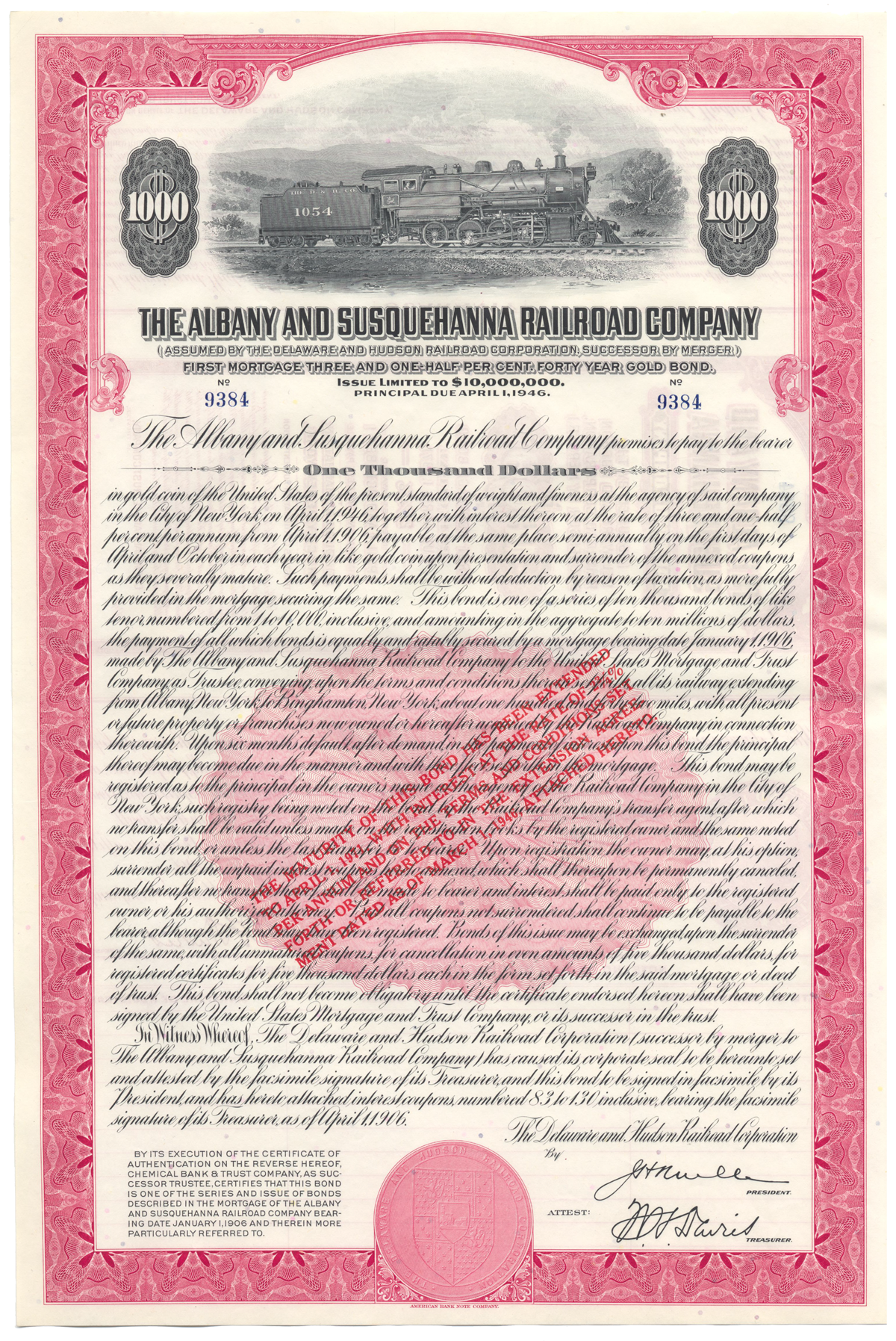 Albany and Susquehanna Railroad Company Bond Certificate