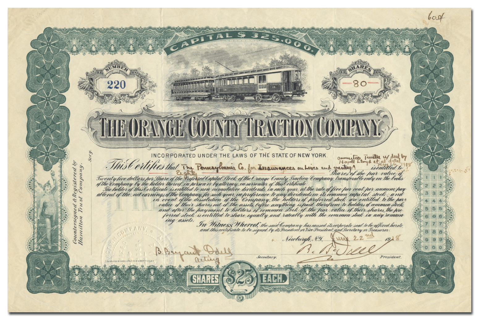 Orange County Traction Company Stock Signed By Benjamin B. Odell, Jr ...