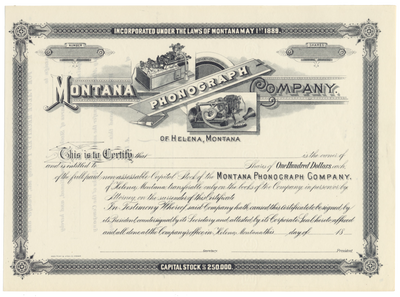 Montana Phonograph Company Stock Certificate