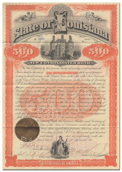 State of Louisiana Bond Certificate Signed by William Wright Heard