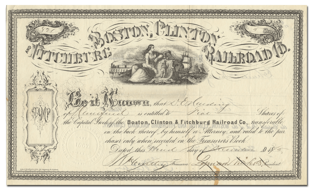 Boston, Clinton and Fitchburg Railroad Company Stock Certificate