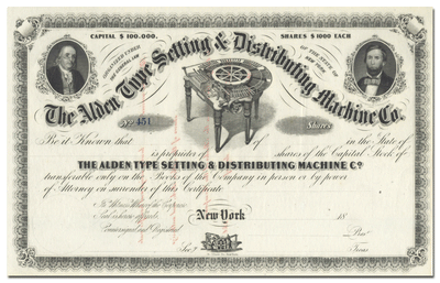 Alden Type Setting & Distributing Machine Co. Stock Certificate