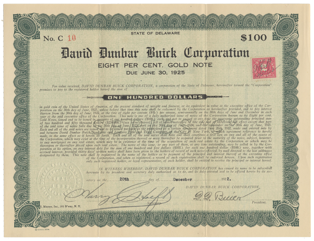 David Dunbar Buick Corporation Stock Certificate Signed by David Buick