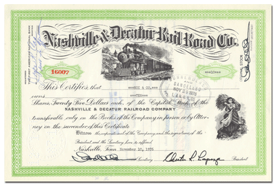 Nashville & Decatur Rail Road Company Stock Certificate
